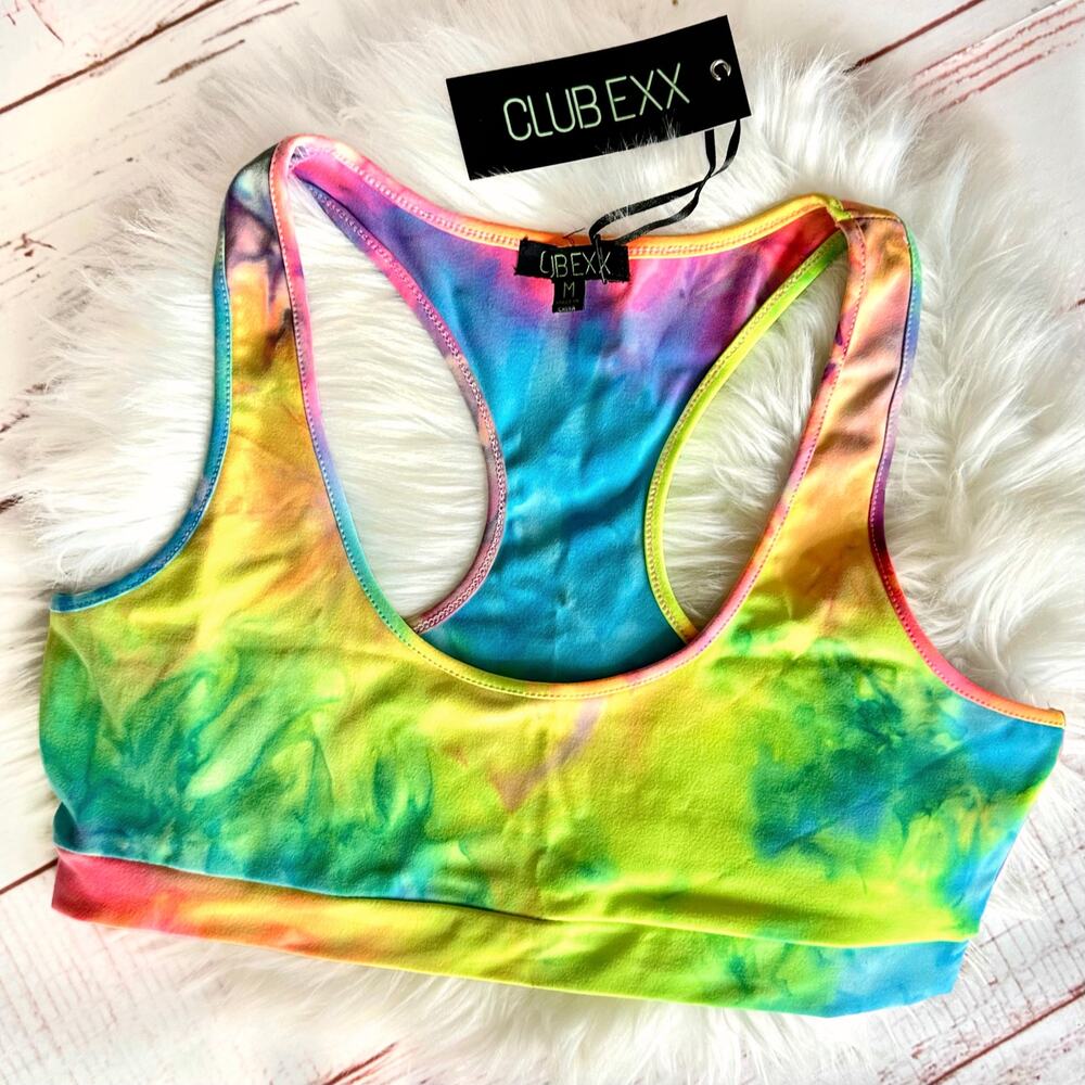 Club Exx for Dolls Kill Under The Sun Neon Rainbow Tie Dye Racerback Sports Bra